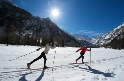 two cross country skiers mid-stride in a snowy, sun drenched valley