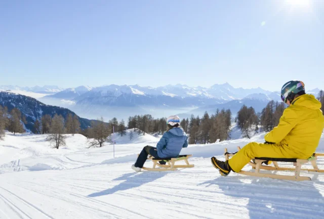 two adults sled in a snowy landscape